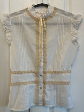 Poet Pintuck Lace Cotton Blouse White Ruffle Cap Sleeve